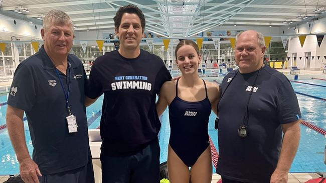 Lilla Ribot at the AIS just last week where she was attending the AUS Swim NextGen Breaststroke Camp with her club coach Steve Miller, and flanked by Leigh Nugent and Vince Raleigh.