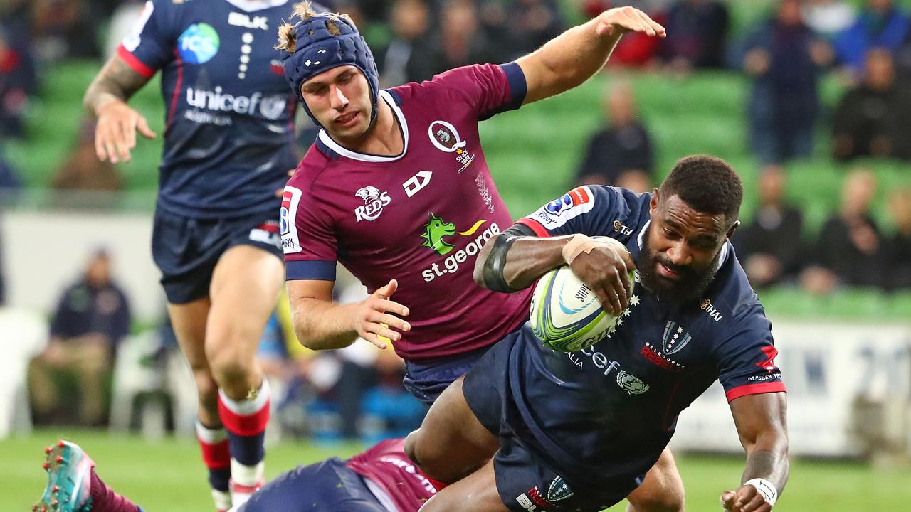 Marika Koroibete of the Rebels scores the first try at AAMI Park.