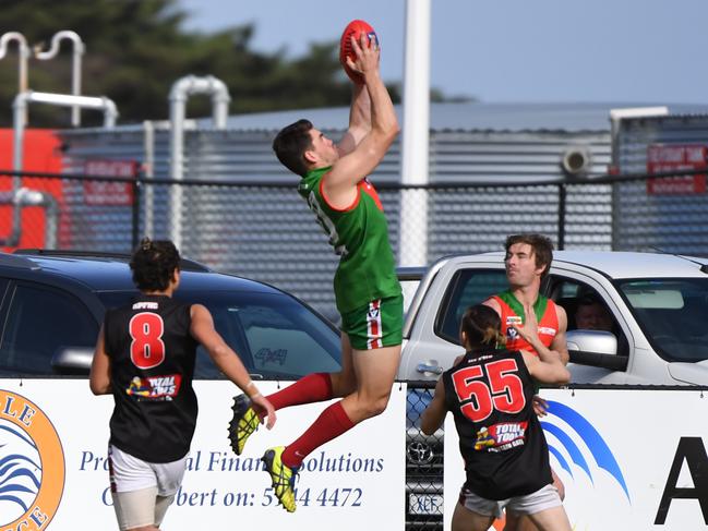 Tooradin forward Andrew Dean takes a mark against Hampton Park in 2017. Picture: James Ross