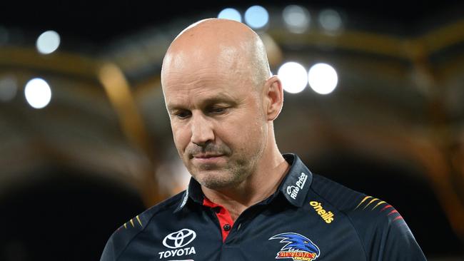 GOLD COAST, AUSTRALIA - MARCH 16: Head coach Matthew Nicks of the Crows looks on during the round one AFL match between Gold Coast Suns and Adelaide Crows at People First Stadium, on March 16, 2024, in Gold Coast, Australia. (Photo by Matt Roberts/AFL Photos/via Getty Images )