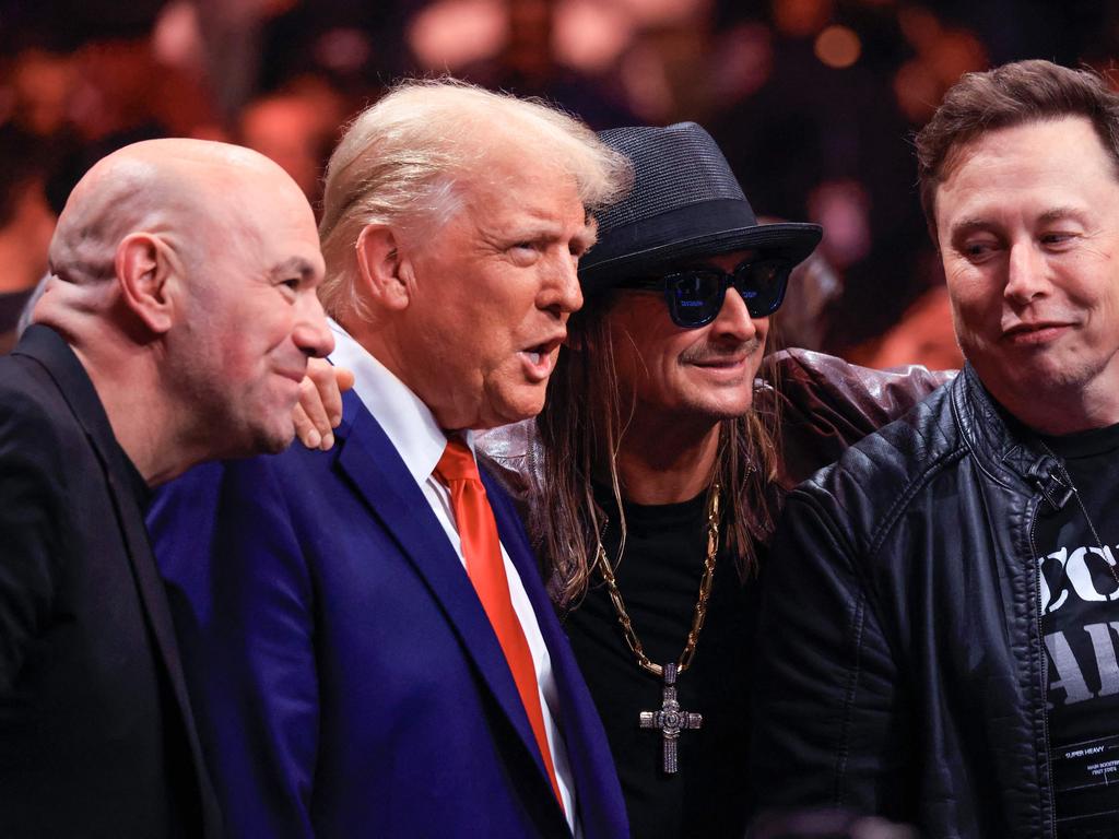 Kid Rock with CEO of Ultimate Fighting Championship Dana White, US President-elect Donald Trump and Tesla and SpaceX CEO Elon Musk. Picture: AFP