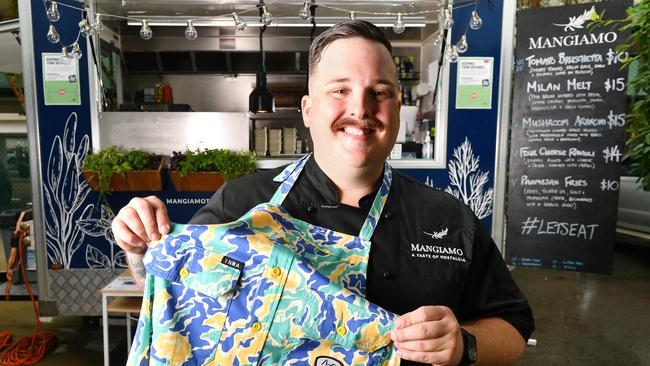 Mangiamo Food Truck owner Justin Bland will be wearing TradeMutt Grill Skirts to help start conservations about mental health. Picture: Alix Sweeney