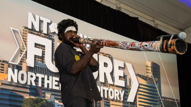 Youth Mills performs Welcome to Country at the NT News Futures Northern Territory forum 2024. Picture: Pema Tamang Pakhrin