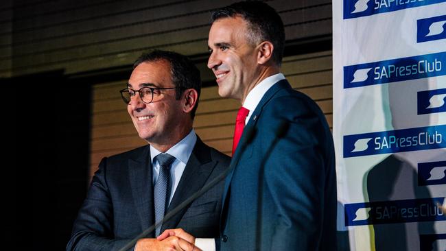 Premier Steven Marshall and Opposition Leader Peter Malinauskas at the start of the debate. Picture: NCA NewsWire / Morgan Sette