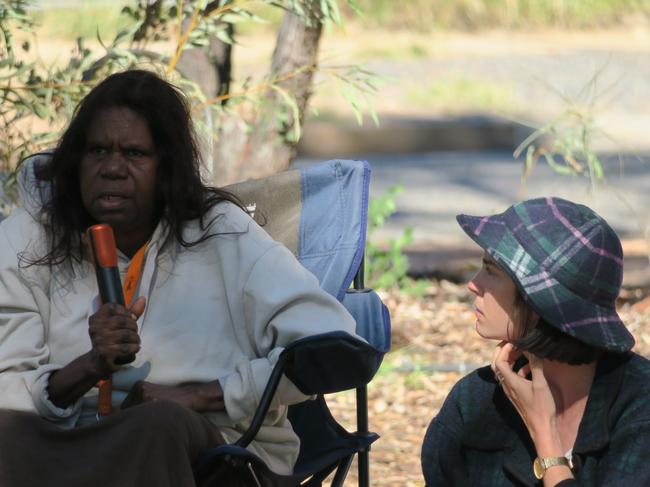 Kaytetye-Warlpiri woman Maureen Jiyiliya Nampijinpa O'Keefe from Ali-Curung with NT Greens candidate for Braitling Asta Hill. The NT Greens launched their biodiversity policy in Alice Springs on Sunday, June 23, 2024. Picture: Gera Kazakov