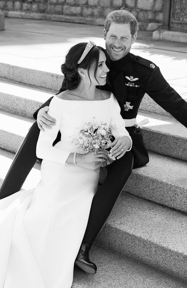 The Duke and Duchess of Sussex in an official wedding photograph on the East Terrace of Windsor Castle on May 19, 2018. Picture: Alexi Lubomirski/The Duke and Duchess of Sussex via Getty Images