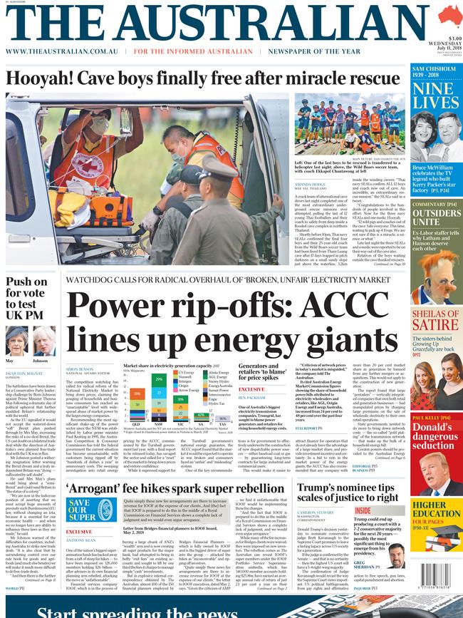 Front page of The Australian 11 July, 2018