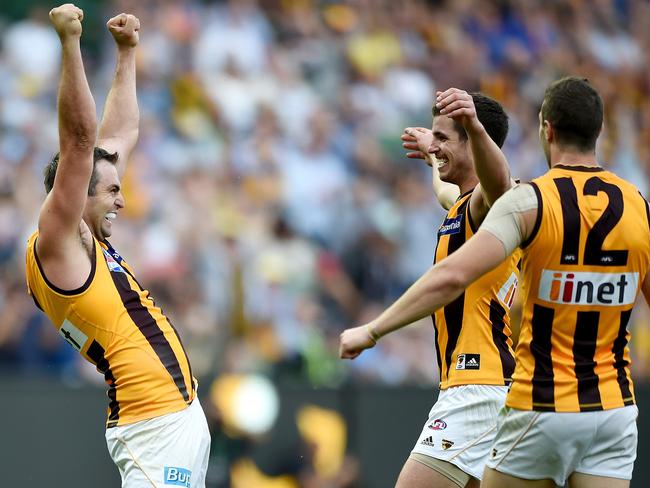 Brian Lake celebrates Hawthorn’s 2015 AFL Grand Final win at the MCG. Picture: Nicole Garmston