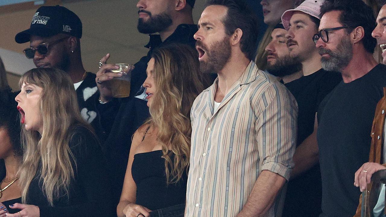 Taylor Swift, Blake Lively, Ryan Reynolds and Hugh Jackman during the game between the Kansas City Chiefs and the New York Jets on October 1, 2023. Picture: Elsa/Getty Images