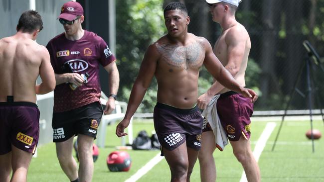 Broncos palyers at their Red Hill training ground on Wednesday. Picture: Annette Dew