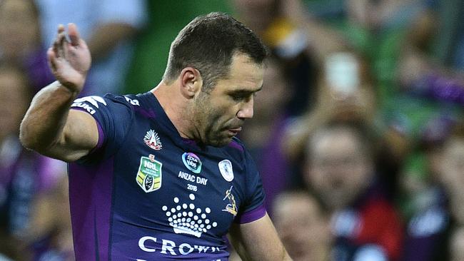 Cameron Smith of the Storm converts a try during the round 8 NRL match between the Melbourne Storm and the New Zealand Warriors at AAMI Park in Melbourne, Monday, April 25, 2016. (AAP Image/Julian Smith) NO ARCHIVING, EDITORIAL USE ONLY