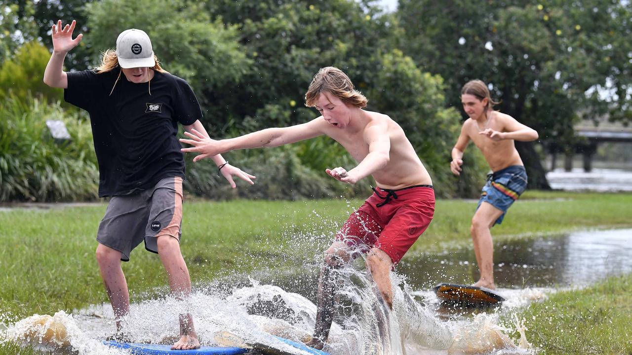 WEATHER: Out after the heavy rains over the weekend having fun are Max Grady(black shirt), Zane Luther(red shorts), and Dylan Woods(blue shorts) at Muller Park, Bli Bli.Picture: Patrick Woods.