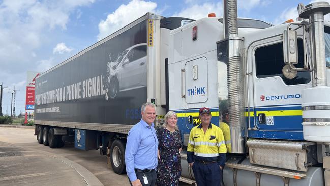 Infrastructure Minister Joel Bowden, Chief Minister Eva Lawler, and trucker Andrew Ailmore welcome the return of fresh food back to Top End shelves, after floods disrupted supply. Picture: Fia Walsh