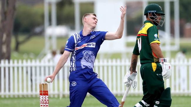 Bankstown’s Dayne Heward bowling against Campbelltown-Camden at Raby Oval 1.