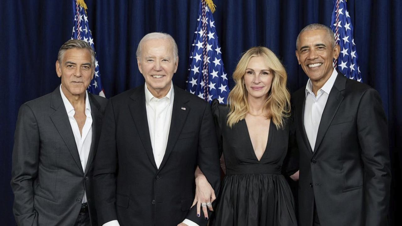 (L-R) George Clooney, President Joe Biden, Julia Roberts and former president Barack Obama at a Democrat party fundraiser in Los Angeles. Picture: Instagram @juliaroberts