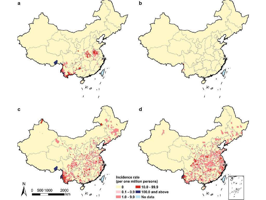 China is now Malaria free. Graphic shows geographic distribution of autochthonous malaria in a 2011 and b 2016 and imported malaria in c 2011 and d 2016. Picture: Malaria Journal.