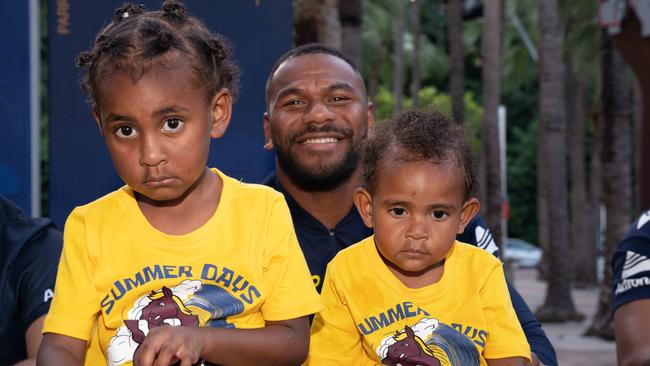 Maiko Sivo meets with Eels fans Bubuwam and Maria at the Darwin Waterfront. Picture: Pema Tamang Pakhrin