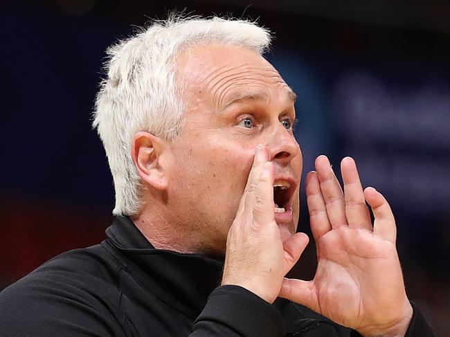 SYDNEY, AUSTRALIA - DECEMBER 22: Flames head coach Shane Heal gives instructions during the round four WNBL match between Sydney Flames and Melbourne Boomers at Qudos Bank Arena, on December 22, 2021, in Sydney, Australia. (Photo by Mark Metcalfe/Getty Images)