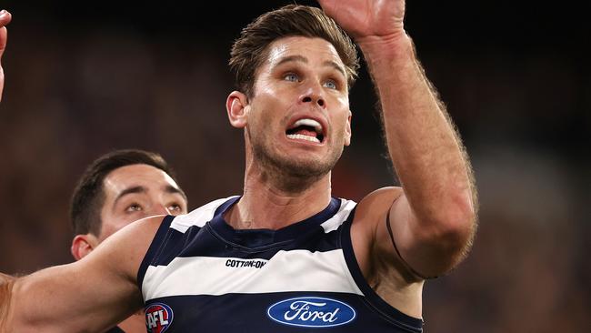 Some of Geelong’s ageing stars including Tom Hawkins are still going strong as the Cats mount a premiership tilt. Picture: Michael Klein