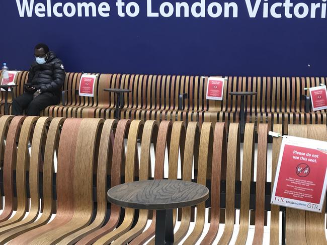 Seats displaying social distancing signs at Victoria Station, London. Picture: AP