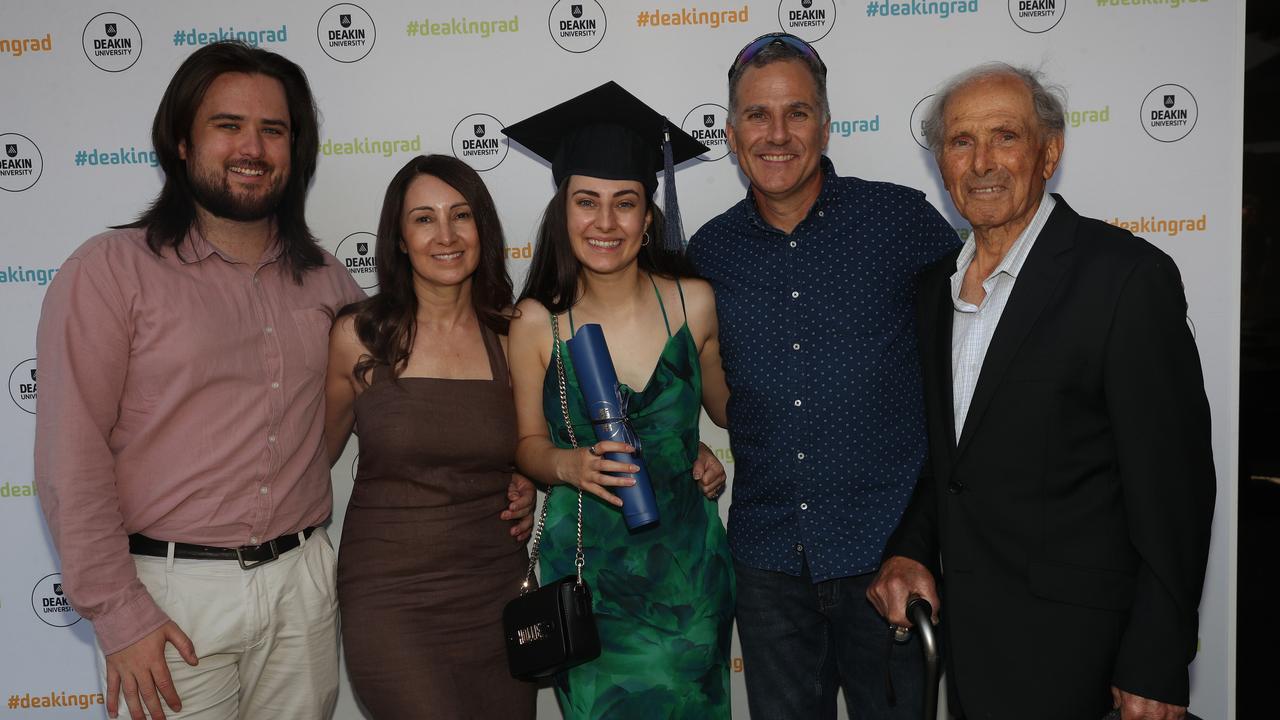 Callum Eaton with Cindy, Hollie, Chris and Gregory Cassar. Deakin School of Education; NIKERI; and Centre of Humanitarian Leadership students graduated on Wednesday lunchtime. Picture: Alan Barber