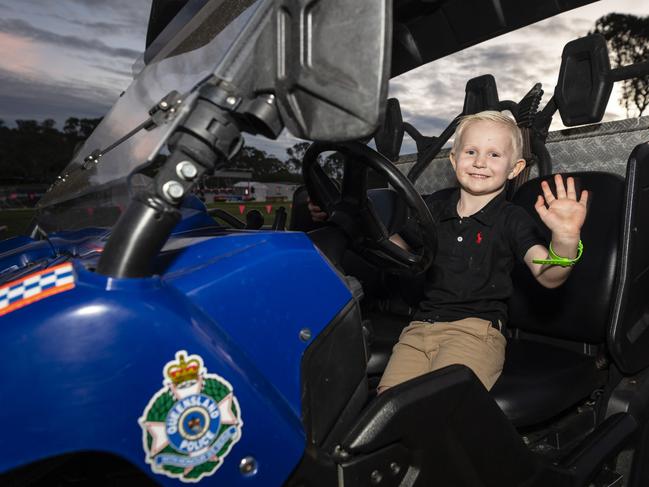 Four-year-old George Jessen sits in a police buggy at the Toowoomba Royal Show, Friday, March 31, 2023. Picture: Kevin Farmer