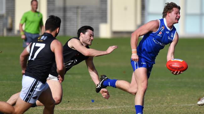 St Peter's Old Collegians v Port District in Division one Adelaide Football League match at St Peter's College, Hackney, Adelaide on Saturday the 27th of July 2019. PD - Mitchell Gaff v STP - James Duncan(AAP Image/Keryn Stevens)