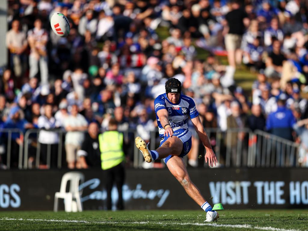 Matt Burton takes a conversion attempt for the Bulldogs.