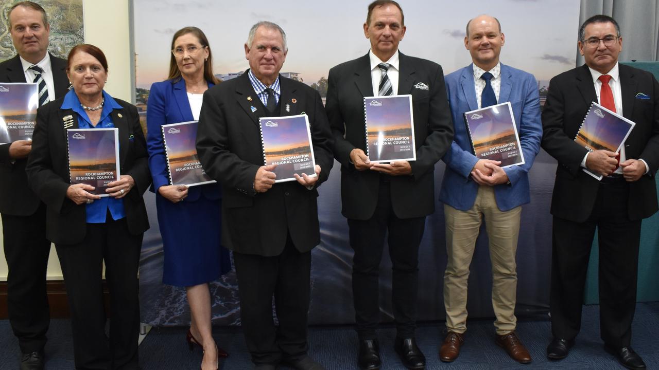 Rockhampton Regional Council councillors Shane Latcham, Ellen Smith, Donna Kirkland, Deputy Mayor Neil Fisher, Mayor Tony Williams, Councillors Grant Mathers and Drew Wickerson hand down the 2023-24 Budget.