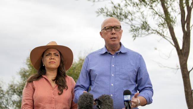 Opposition Leader Peter Dutton and Senator Jacinta Price hold a press conference on ANZAC Hill in Alice Springs on Thursday. Picture: Liam Mendes / The Australian