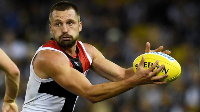 Unheralded Jarryn Geary has the tutelage and guidance of aging superstar Nick Riewoldt. Picture: AAP