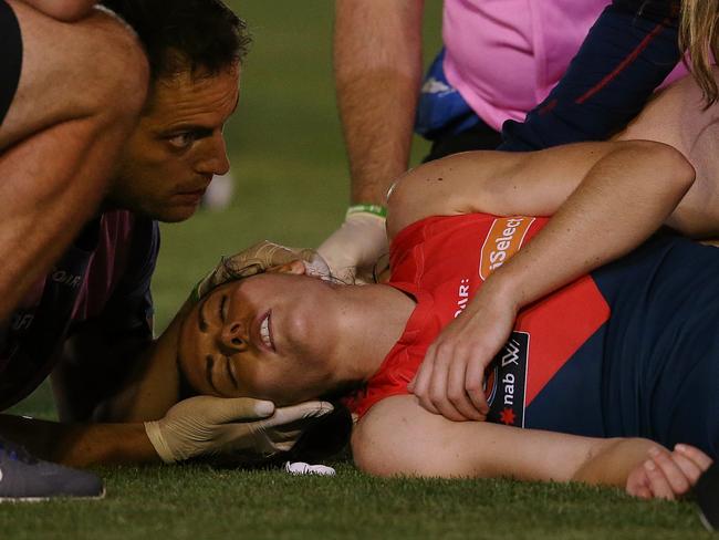 Meg Downie was cleared of serious damage after she was knocked out on Saturday night. Picture: Wayne Ludbey