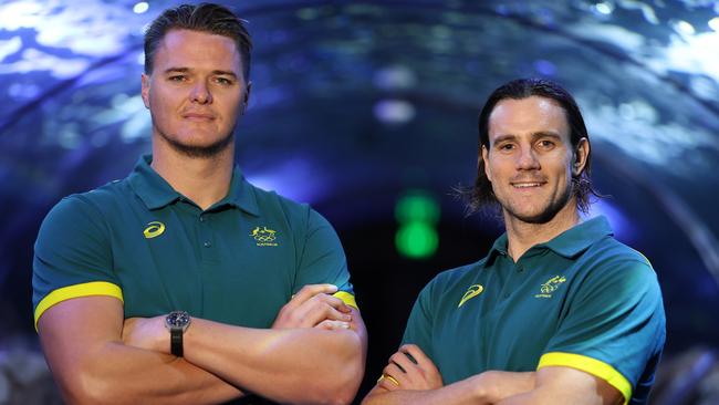 SYDNEY, AUSTRALIA - MAY 28: Co-captains Nathan Power and Blake Edward pose during the Australian 2024 Paris Olympic Games Men's Water Polo Squad Announcement at SEA LIFE Sydney Aquarium on May 28, 2024 in Sydney, Australia. (Photo by Mark Metcalfe/Getty Images)