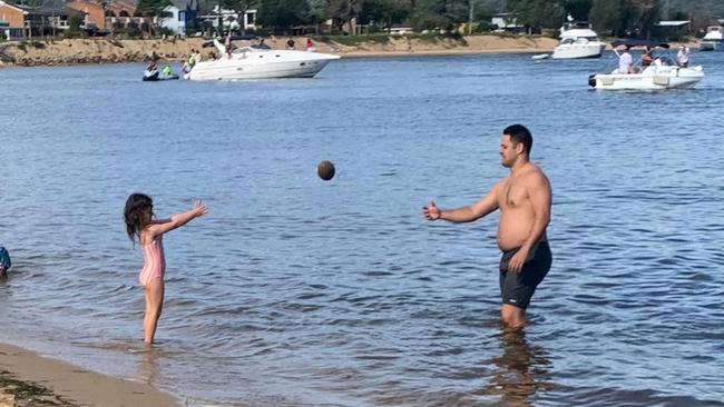 Jarryd Hayne at Ettalong Beach on the NSW central coast over the Easter long weekend.