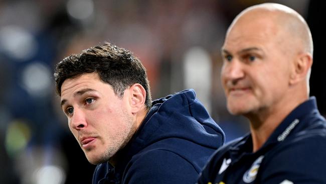 Mitch Moses and coach Brad Arthur watch on. Picture: Bradley Kanaris/Getty Images.