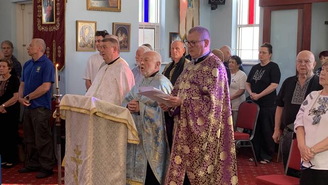 Members of South Australia's Ukrainian community gathered at Saints Peter and Paul Orthodox Church at Kilkenny to mark 1000 days since Russia invaded Ukraine. Picture: George Yankovich