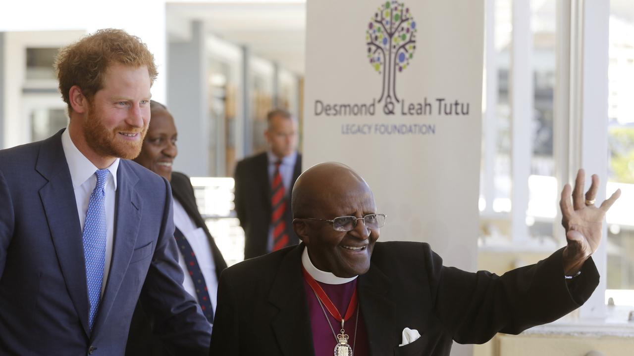 Prince Harry with South African Archbishop Desmond Tutu in 2015. Picture: AP Photo/Schalk van Zuydam