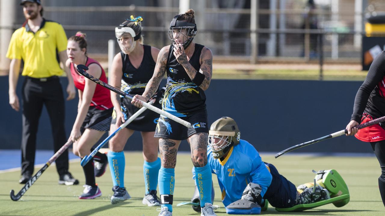 Sammi Morris (centre) of Gold Coast 1 reacts during the game against Rockhampton 1. Picture: Kevin Farmer