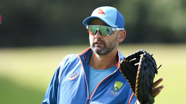 WELLINGTON, NEW ZEALAND - FEBRUARY 27: Nathan Lyon of Australia takes a catch during a nets session ahead of the First Test in the series between New Zealand and Australia at Basin Reserve on February 27, 2024 in Wellington, New Zealand. (Photo by Hagen Hopkins/Getty Images)