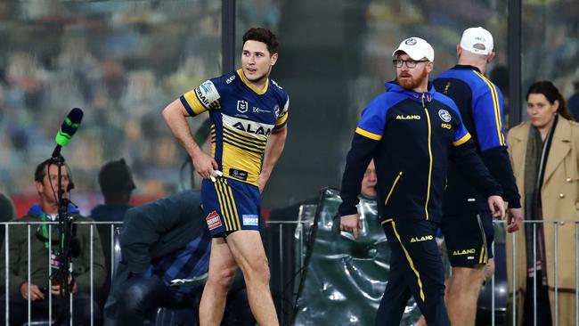 Mitchell Moses was forced from the field with a suspected calf tear. Picture: AAP.