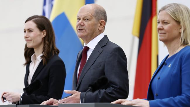 Finnish Prime Minister Sanna Marin, German Chancellor Olaf Scholz and Swedish Prime Minister Magdalena Andersson in May. Picture: Getty Images