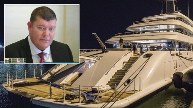 James Packer, inset, gives evidence via video from aboard his super yacht. Pictures: Supplied/Ella Pelligrini