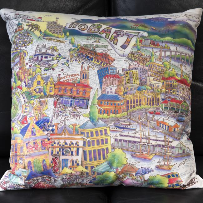 Hobart cushion: So much of my heart is still in Tasmania. This cushion is from Salamanca Market in Hobart and it’s got all the different places in Hobart that I love.