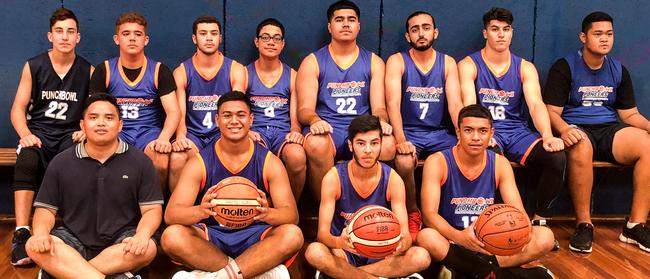 The Punchbowl Boys High School basketball squad with joint coach Francis Floresca, extra left, front row.