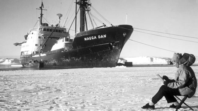 A photo of Nel Law and their ship Magga Dan taken by her husband Phillip Law on Chick Island in Antarctica in 1961. Must credit Australian Antarctic Divison. One time use only.