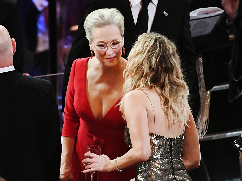 Meryl Streep and Jennifer Lawrence speak in the audience during the 90th Annual Academy Awards at the Dolby Theatre on March 4, 2018 in Hollywood, California. Picture: Getty