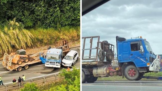 A semi-trailer jackknifed in the Bruce Highway. Left picture: Infinity Flights Photography.