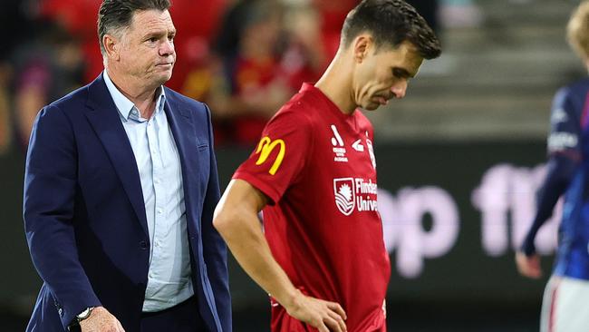 Adelaide United coach Carl Veart United and Isaias after the loss to Newcastle. Photo: Sarah Reed/Getty Images.