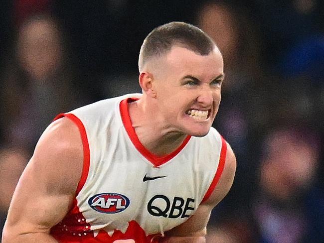 MELBOURNE, AUSTRALIA - MAY 23: Chad Warner of the Swans reacts on the final siren during the round 11 AFL match between Western Bulldogs and Sydney Swans at Marvel Stadium, on May 23, 2024, in Melbourne, Australia. (Photo by Morgan Hancock/Getty Images)