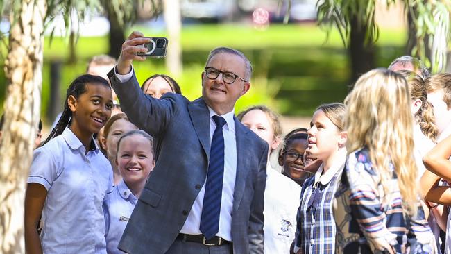 Prime Minister Anthony Albanese takes a selfie with a school group visiting the National Gallery of Australia in Canberra. Picture: NCA NewsWire / Martin Ollman